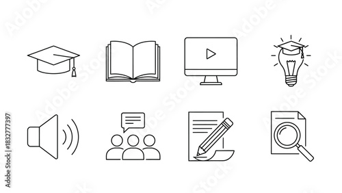 Education and elearning line art icons, with academic and digital study tools