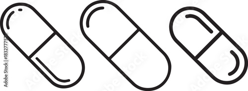 Set of Pill Capsule Line Art, Coloring Book Page Line Art Drawing, Vector and Illustration
