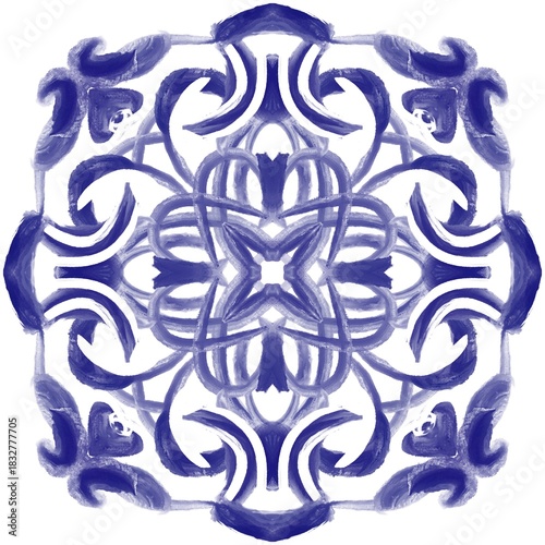A hand-painted indigo blue ornamental mandala with a symmetrical floral and geometric design.Elegant hand-painted brushstroke texture creates a modern decorative design inspired by Portuguese azulejo 
