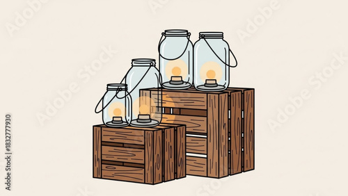 Rustic mason jar lanterns illuminated with warm light sit atop wooden crates creating a cozy and inviting atmosphere