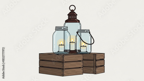 Rustic wooden crates hold glowing mason jar lanterns and a traditional metal lantern creating a warm and inviting ambiance with flickering candlelight