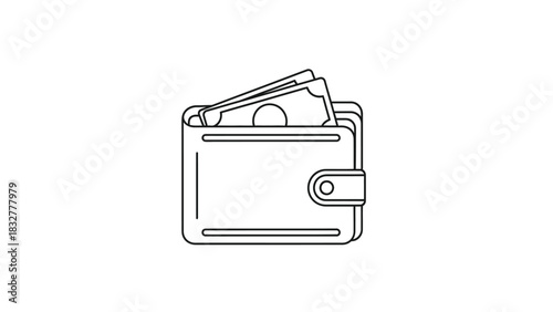 Outline drawing of a leather wallet filled with cash, representing financial transactions, wealth, and expenditure