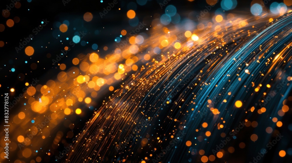 Naklejka premium Fiber light trails bundled optical radiant warm orange cool blue streams curved flowing perspective luminous crystalline abstract shapes