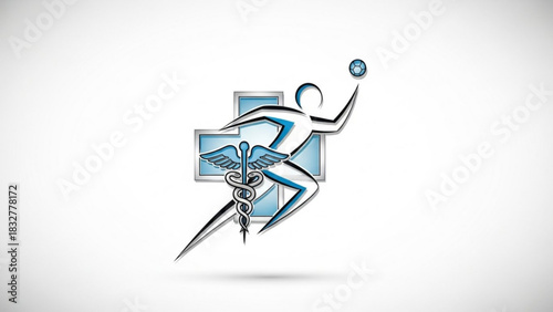 Sports medicine clinic logo design featuring athlete with soccer ball and caduceus symbol for healthcare 100