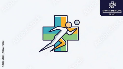 Sports medicine logo design with running man and medical cross for physical therapy and rehabilitation clinic