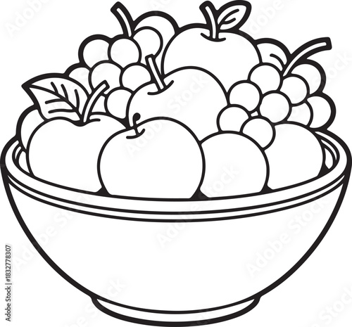 Bowl with Fruits Line Art, Coloring Book Page Line Art Drawing, Vector and Illustration