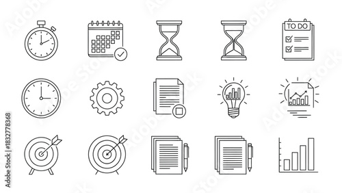 Handdrawn business and time management icons set featuring planning, strategy, productivity, and idea symbols