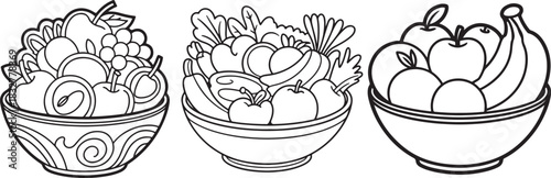 Set of Bowl with Fruits Line Art, Coloring Book Page Line Art Drawing, Vector and Illustration