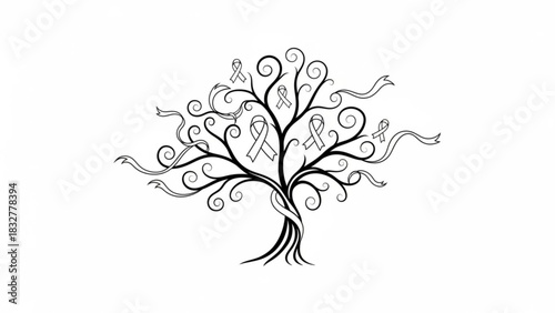 A stylized black and white illustration of a swirling tree adorned with awareness ribbons and flowing streamers symbolizing hope and support