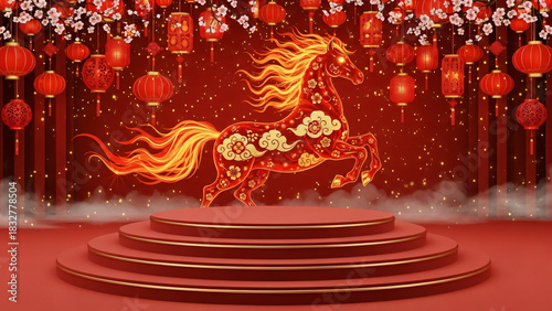 festive Chinese new year 2026 ambiance, podium with layered red steps, backdrop showing a red-gold fire horse intertwined with hanging lanterns
