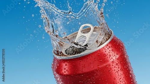 A vibrant red soda can with refreshing water splash and droplets against a blue background.