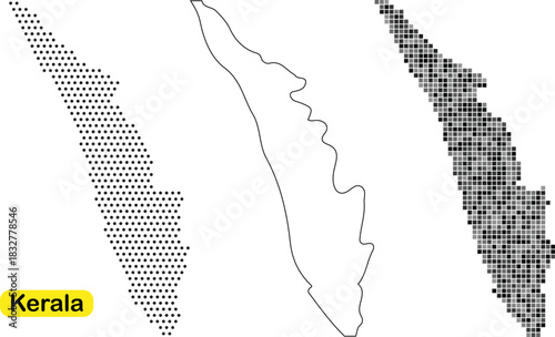 Three stylized map representations of the indian state of kerala