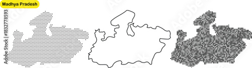 Collection of three stylized map outlines representing the indian state of madhya pradesh