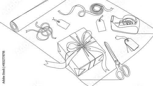 A minimalist line art illustration depicting the essential elements for wrapping a present including paper ribbon tags tape and scissors