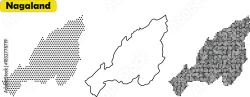 Collection of three map outlines for nagaland state in india with different fill patterns