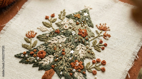 an embroidered boho style image of a small Christmas tree decorated with tiny beads, stars, and botanical motifs, stitched on a cream color background