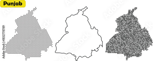 Collection of three stylized vector map outlines representing the indian state of punjab