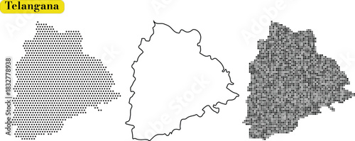Three different map styles illustrating the outline and internal division of the indian state of telangana