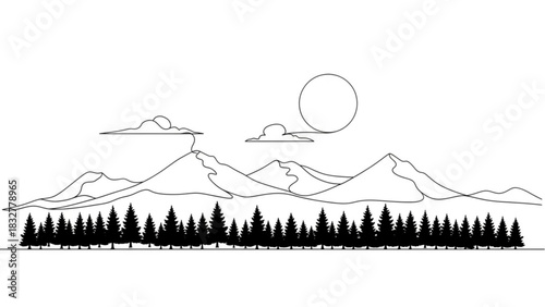 Minimalist black and white line art illustration of a serene mountain range with a dense evergreen forest and a large sun partially obscured by clouds