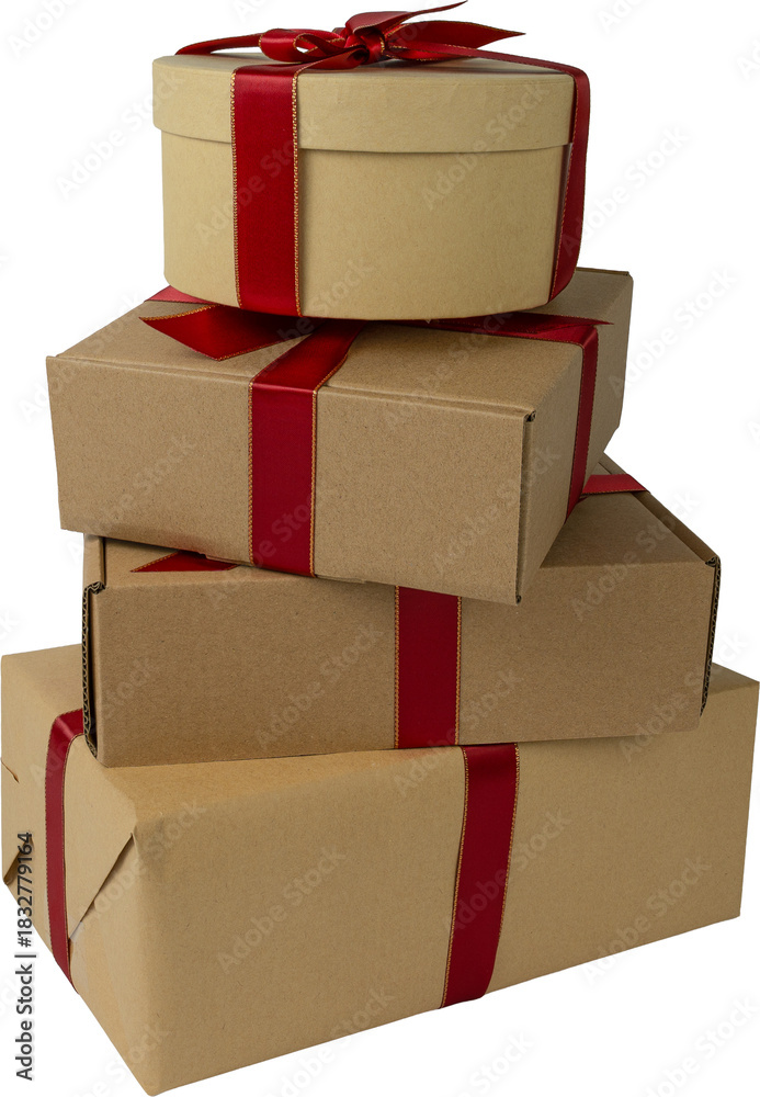 Obraz premium Stack of Craft Wrapped Gift Boxes with Red Ribbon Bows