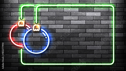 Vector neon frame with Christmas balls isolated on wall background.