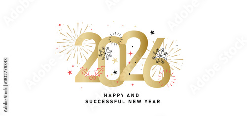 Happy and Successful New Year 2026 Celebration with Festive Decorations Minimalist Christmas and New Year 2026 Greeting with Holiday Icons
