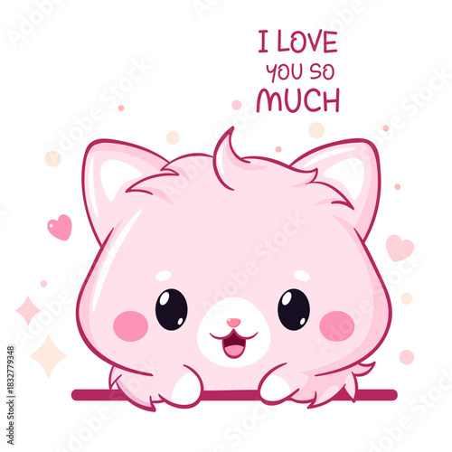 Cute Valentine card with cat in kawaii style. Cute little kitty and hearts. Inscription I love you so much. Can be used for t-shirt print, stickers, greeting card design. Vector illustration EPS8