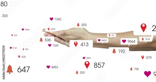 Arm entering right, palm gathering badges, shifting then retreating, showing counts on white field