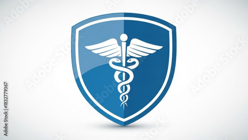 Blue medical shield with caduceus symbol for healthcare protection and insurance security concept design