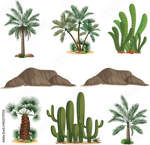 set of oasis landscape and plants