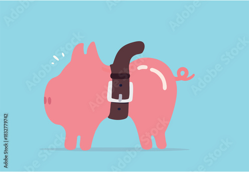 Tighten belt to reduce budget or spending, financial crisis or economic slow down, keep cost and expense low to survive, pink piggybank tighten belt on his belly metaphor of saving cost