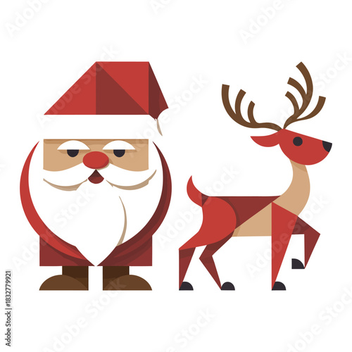santa claus christmas reindeer geometric style festive duo holiday illustration red costume antlers modern flat art winter season merry christmas