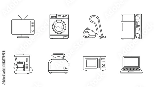 Line art icons of various home appliances and electronics including television, washing machine, vacuum cleaner, refrigerator, coffee maker, toaster, microwave and laptop