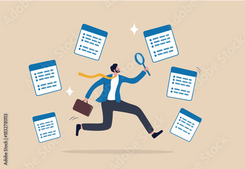 Job seeker, searching for new job, finding new work opportunity, discover vacancy, employment or human resource recruitment, hiring interview concept, businessman with magnifying glass finding job.
