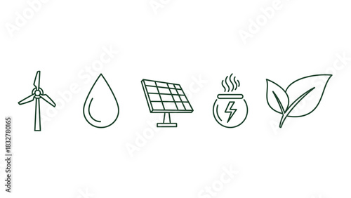 Sustainable and clean energy icon collection wind, water, solar and nature symbols