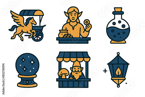 Enchanted market scene featuring magical items and characters in a whimsical illustration