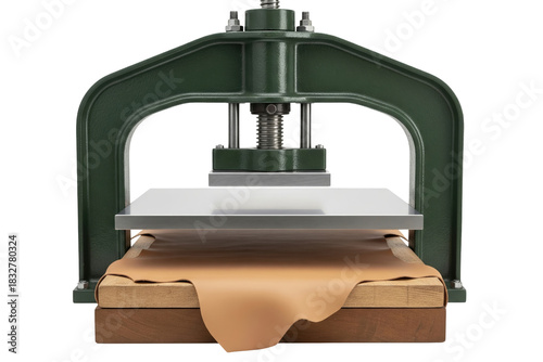 Manual screw press machine for traditional leather crafting work on a transparent background