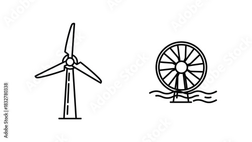 Simple line art icons of a wind turbine and a water wheel for renewable energy concepts