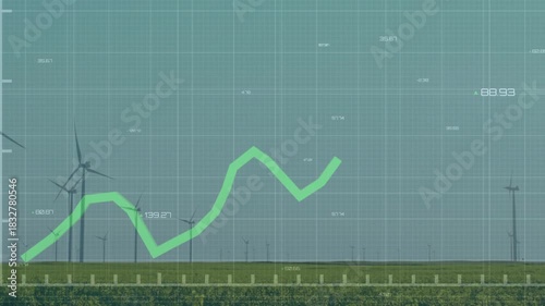 On playback, green polyline chart moving right and up over grid and turbines, showing power rise