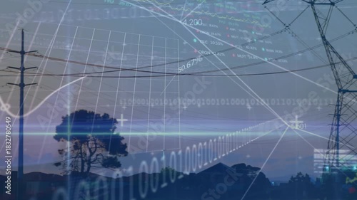 Light flare brightening, power towers shifting right, overlays animating showing grid status