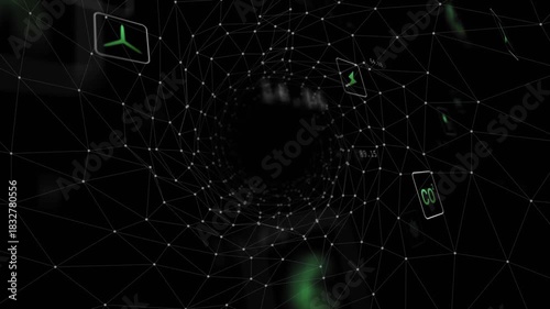 Camera pushing forward wireframe tunnel moving nodes pulsing green tiles rotating showing CO2 data
