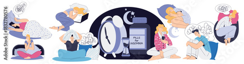 Sleepless Man and Woman at Night Suffer from Insomnia Vector Set