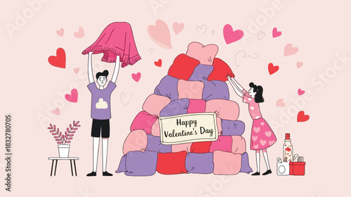 A young couple joyfully builds a giant pillow fort decorated with hearts and a happy valentine s day sign celebrating love and togetherness