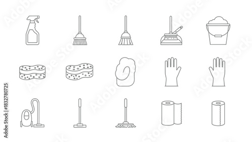 Line art icons of various cleaning supplies and tools for household chores and hygiene