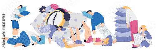 Sleeping Tired Man and Woman Character with Soft Pillow Vector Set