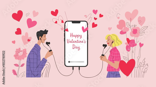 Happy valentines day illustration of a couple sharing music from a smartphone with hearts and flowers surrounding them