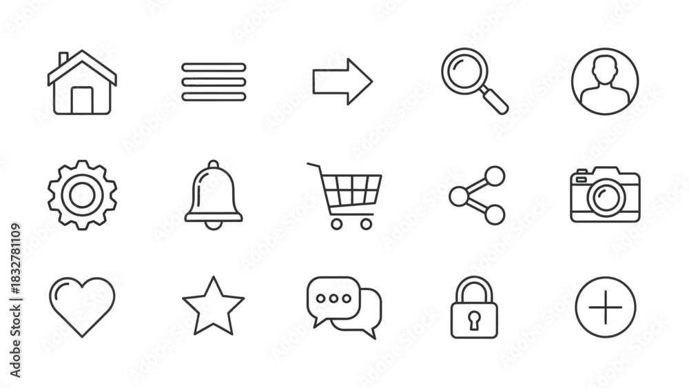 Fototapeta premium Modern collection of essential user interface outline icons for web and mobile applications