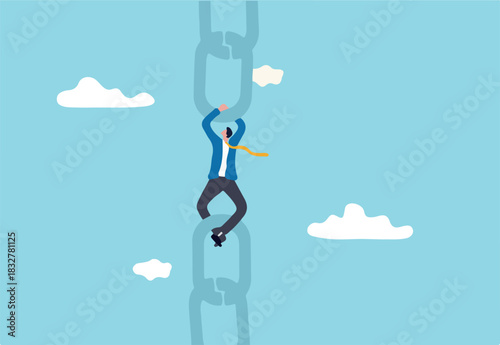 Supply chain problem, risk or vulnerability of industrial business, connection or management to hold chain together concept, fatigue businessman manager holding metal chain together. 