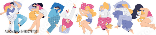 Man and Woman Sleep with Soft Pillow Have Sweet Dreams Vector Illustration Set