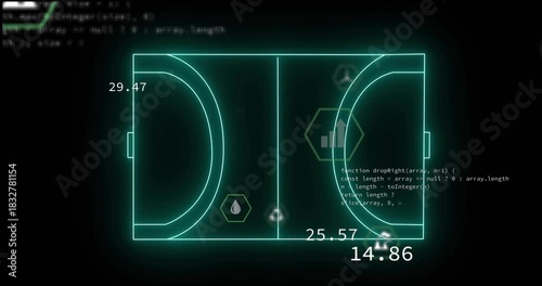 Glowing cyan court forming from floating hex icons, sliding in, updating metrics, clustering, as UI